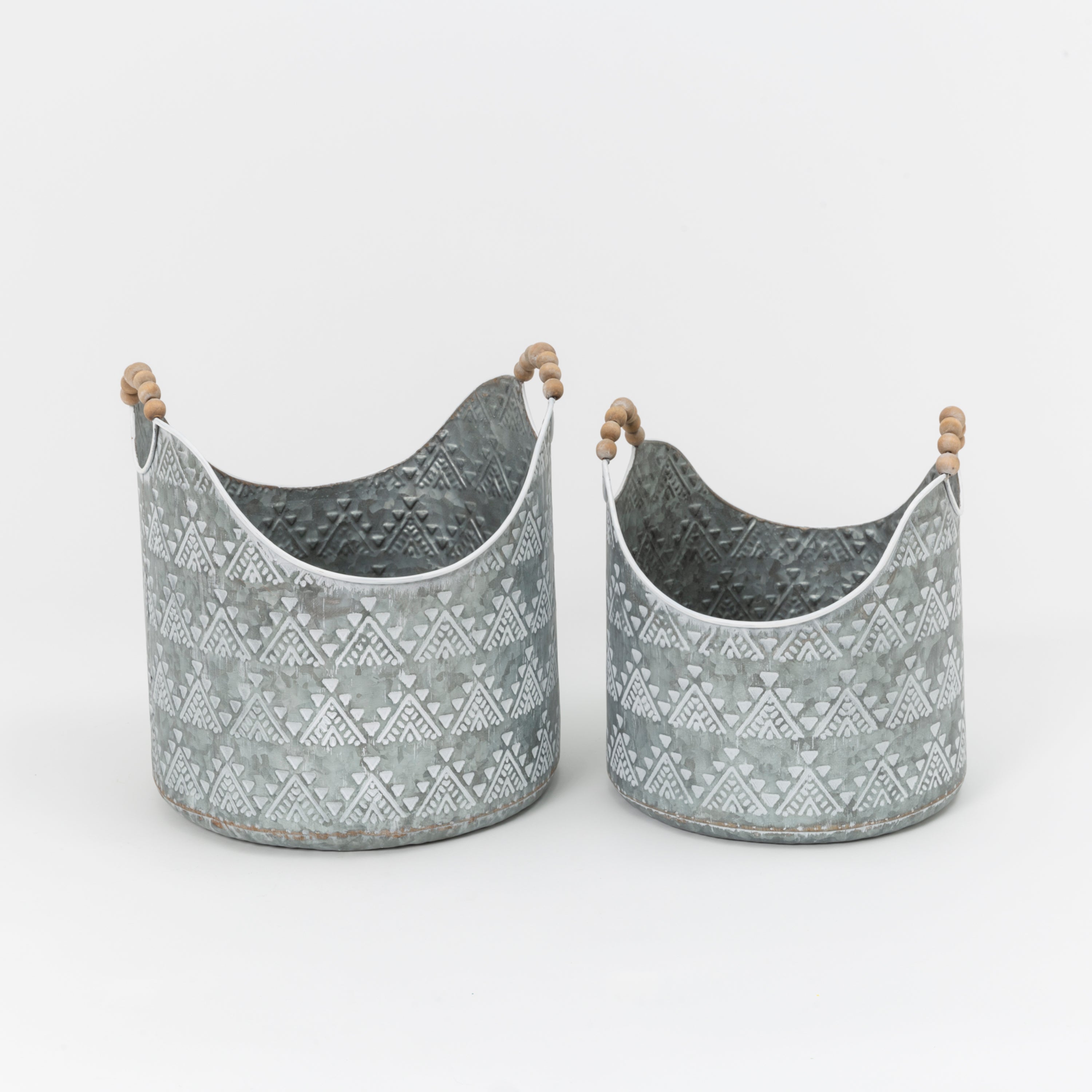 Set of 2 Rustic Metal Buckets with Wood Bead Handles
